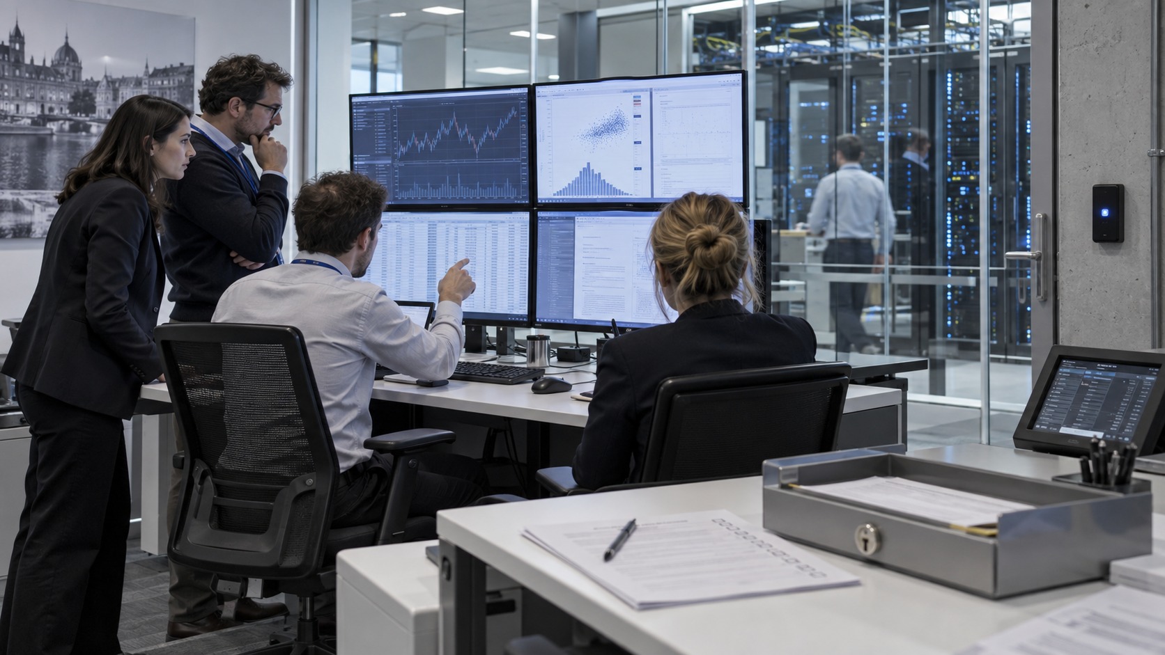 Analistas financieros y especialistas cloud revisan datos y controles en una sala de operaciones segura