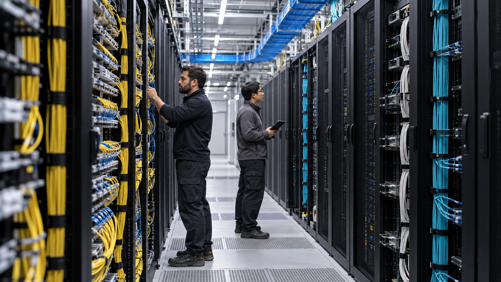 Dos ingenieros inspeccionan rutas redundantes en una instalación de interconexión de centros de datos