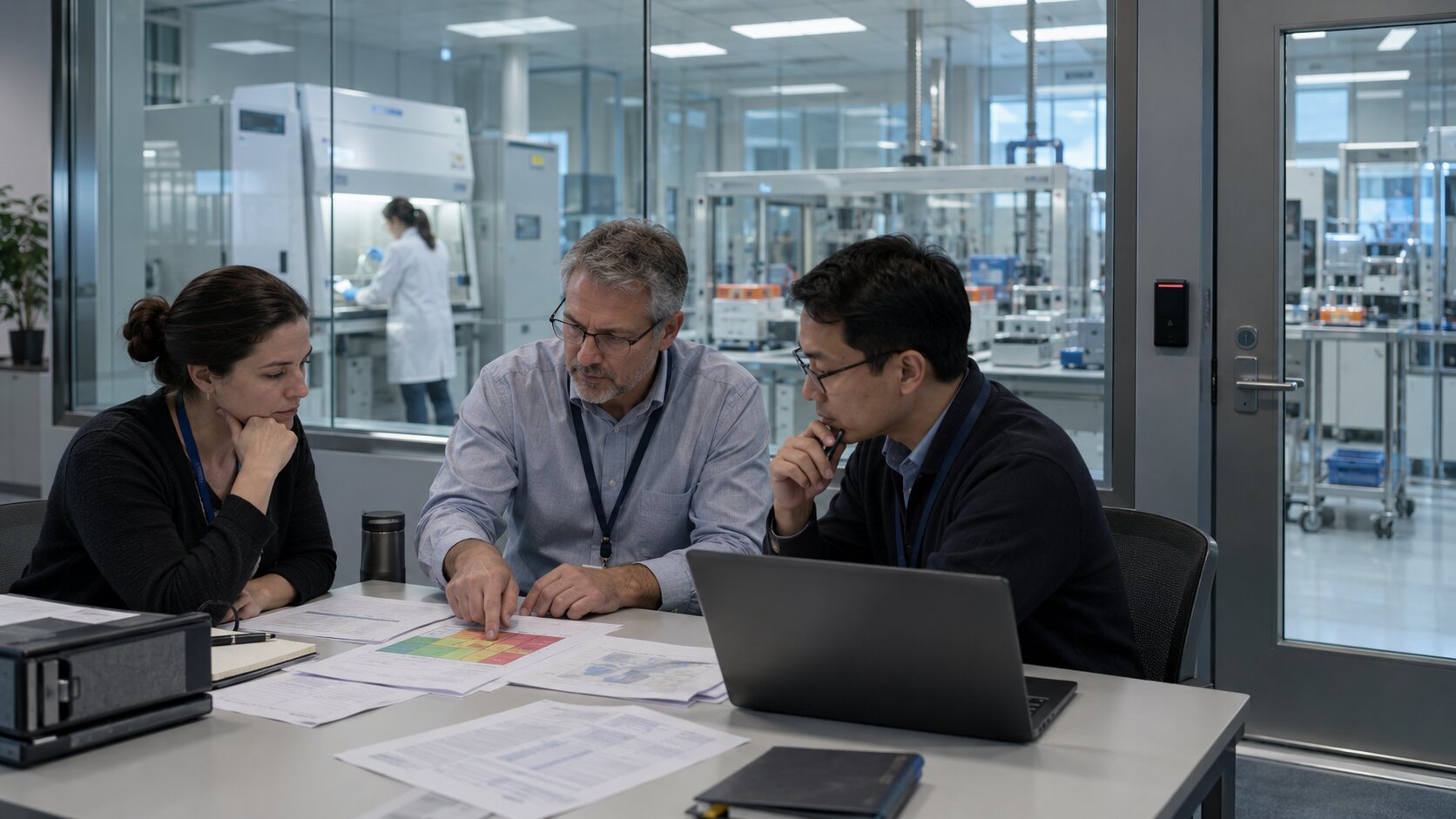 Especialistas revisan controles de acceso y trazabilidad en un laboratorio contemporáneo