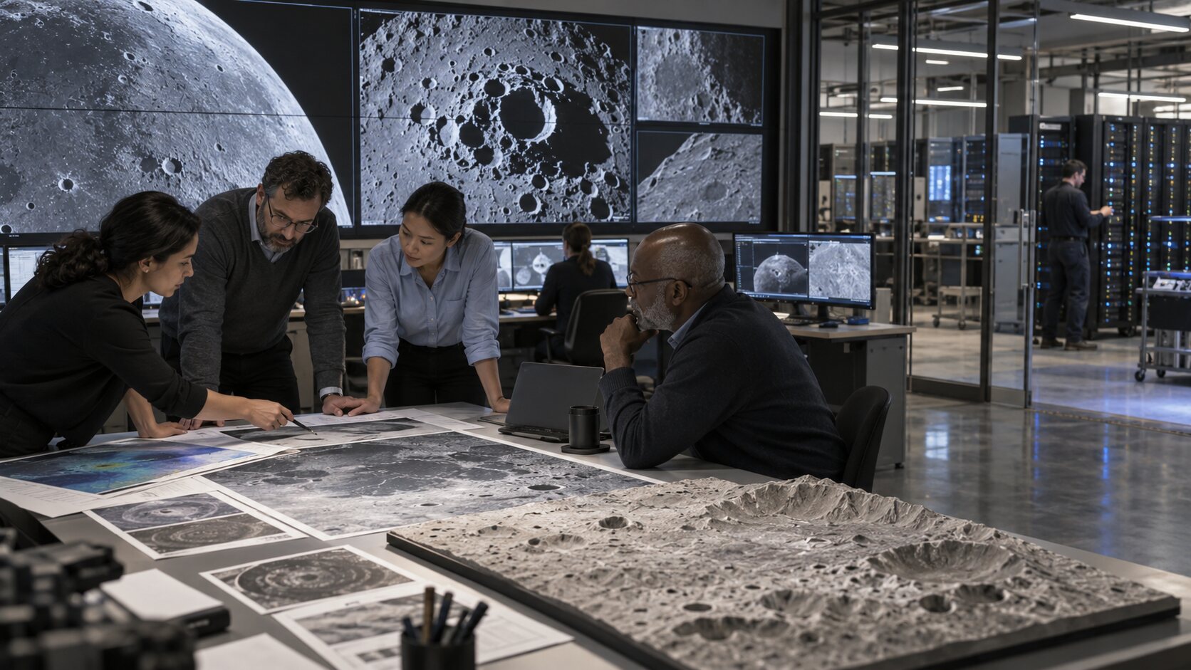 Equipo científico analiza mosaicos lunares en una plataforma de datos geoespaciales