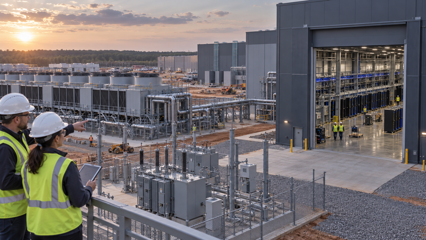 Ingenieros inspeccionan un campus de centros de datos GPU en construcción