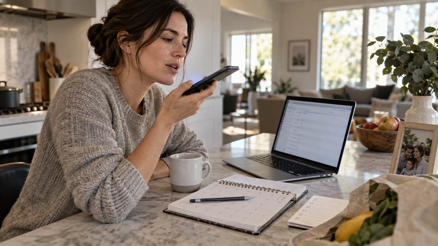 Una mujer utiliza un asistente de voz junto a su calendario y correo