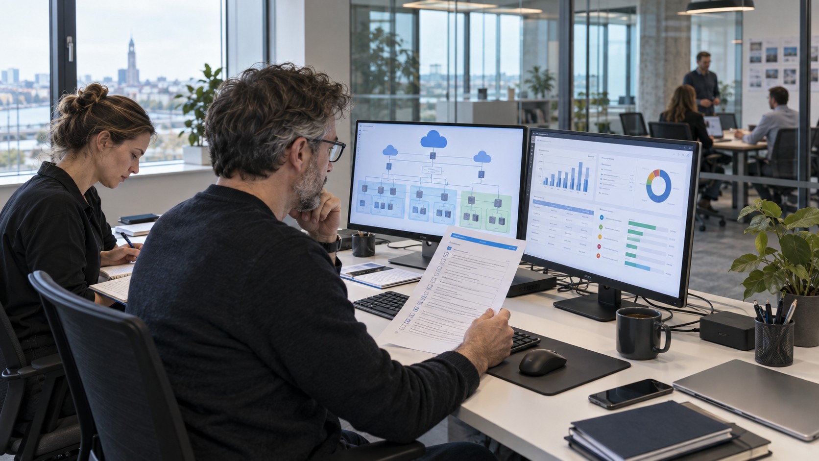 Dos especialistas revisan una propuesta cloud y su matriz de evidencia