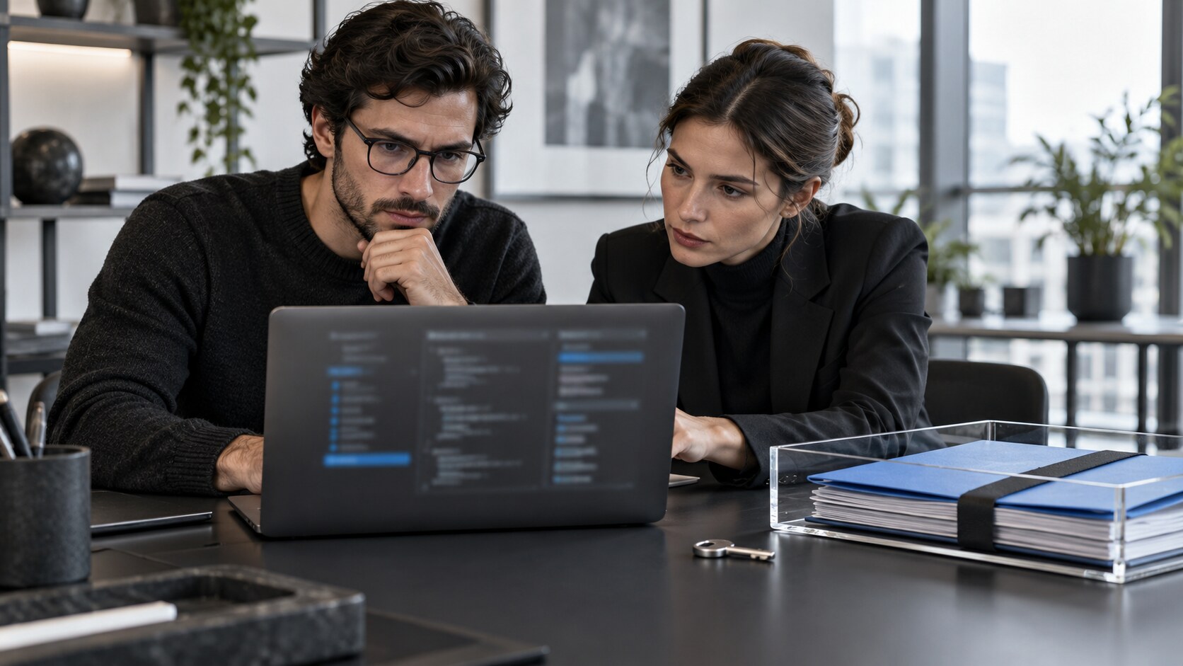 Dos especialistas revisan un repositorio en un entorno de desarrollo aislado